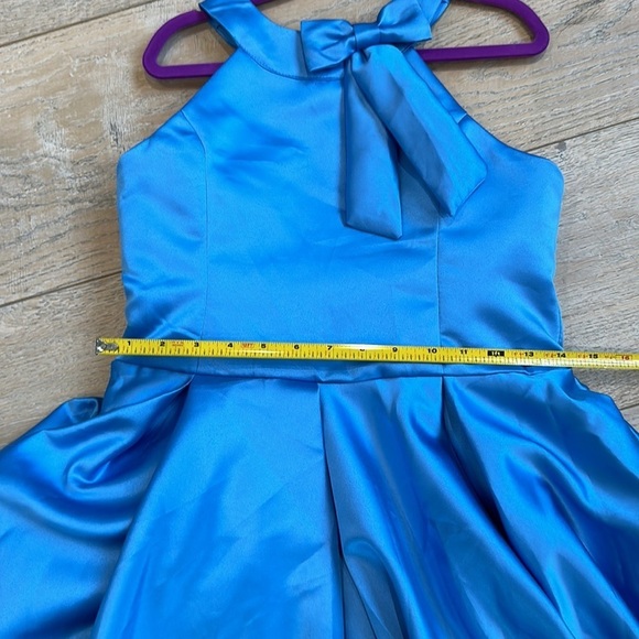 Blue Satin custom party wear full skirt, X back, 14 girl - Picture 2 of 7